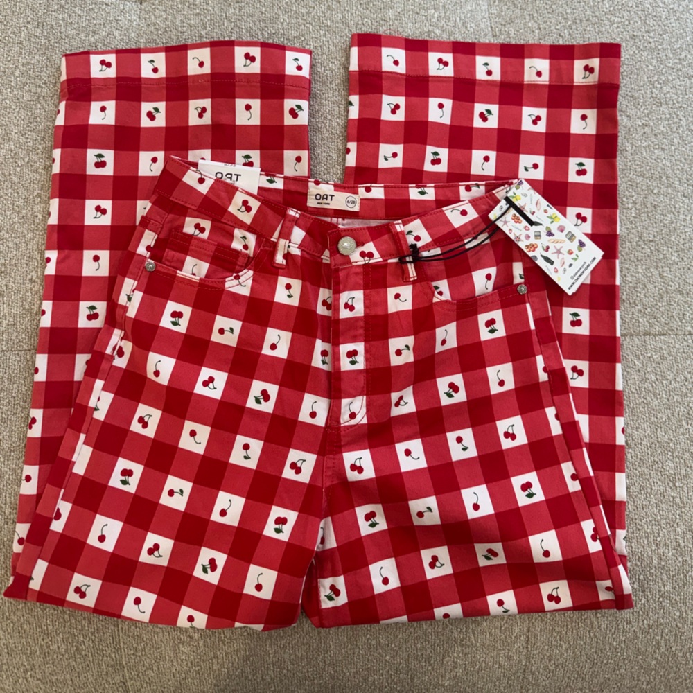 Oat New York Red Gingham Cherry Pants Cropped Size 6
